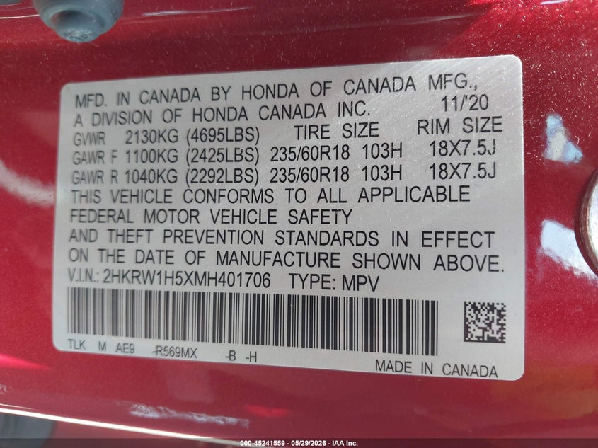 2021 Honda Cr-v VIN 2HKRW1H5XMH401706 IAAI salvage auction — FRONT END, Salvage Title, sold $4,650 on 2026-07-18 (photo 9)