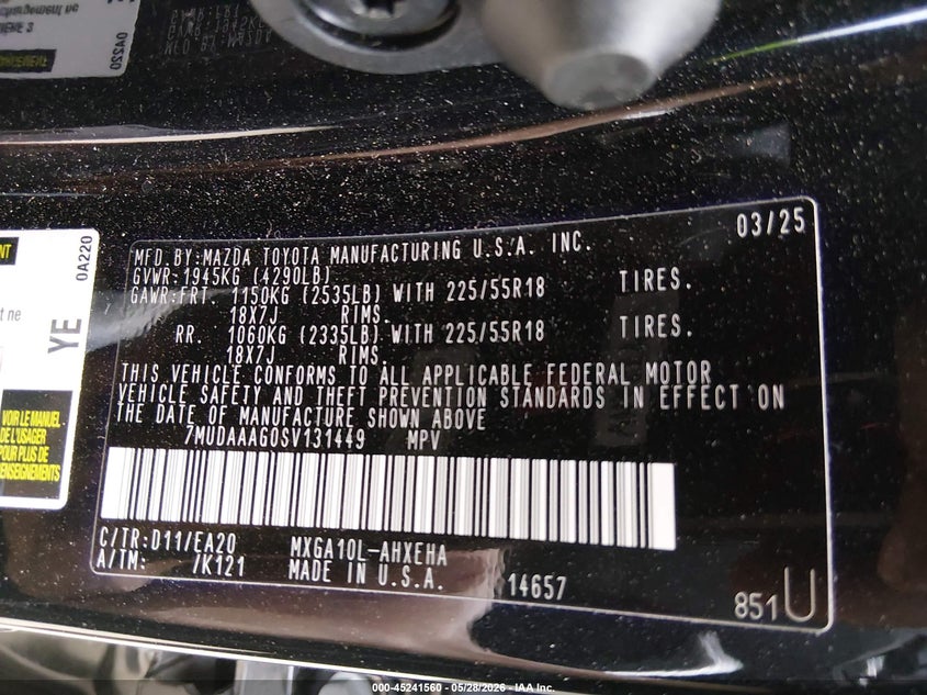2025 Toyota Corolla cross VIN 7MUDAAAG0SV131449 IAAI salvage auction — ROLLOVER, Salvage Title, sold $1,700 on 2026-07-19 (photo 9)