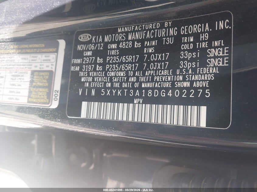 2013 Kia Sorento VIN 5XYKT3A18DG402275 IAAI salvage auction — FRONT & REAR, Bill Of Sale (Washington), sold $575 on 2026-07-07 (photo 9)