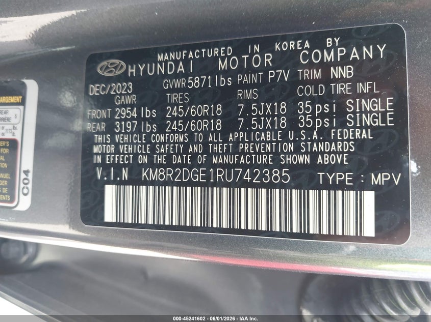 2024 Hyundai Palisade VIN KM8R2DGE1RU742385 IAAI salvage auction — HAIL, Salvage Title, sold $16,100 on 2026-07-14 (photo 9)
