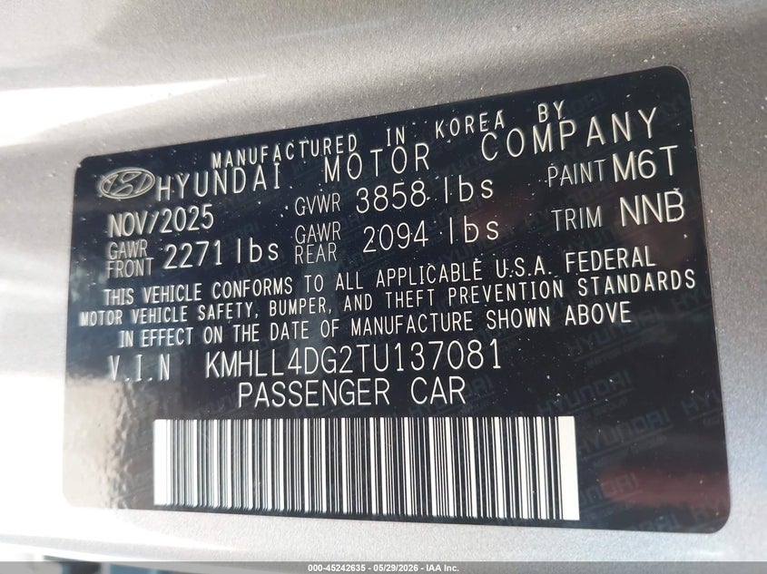 2026 Hyundai Elantra VIN KMHLL4DG2TU137081 IAAI salvage auction — MECHANICAL, Original (Texas), sold $9,450 on 2026-07-30 (photo 9)