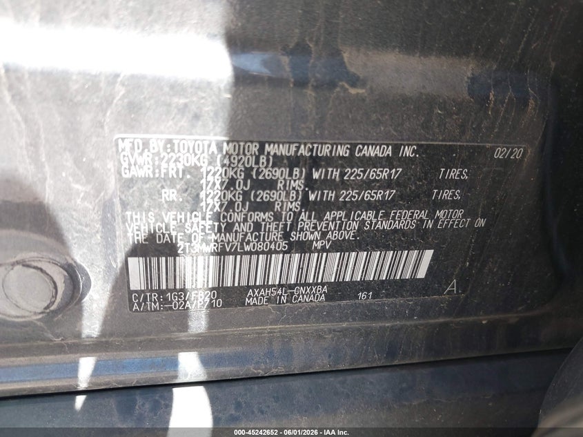 2020 Toyota Rav 4 VIN 2T3MWRFV7LW080405 IAAI salvage auction — FRONT END, Salvage Title, sold $9,750 on 2026-08-22 (photo 9)