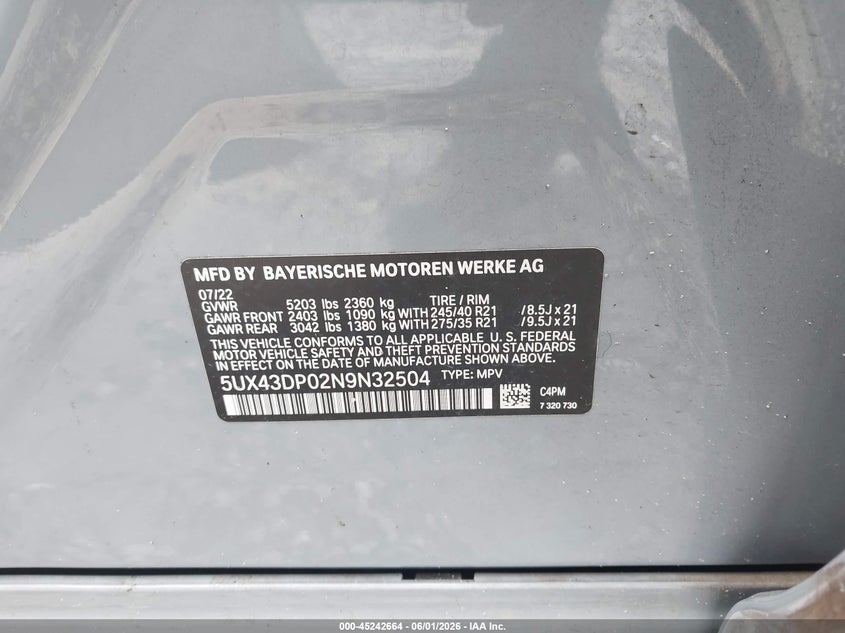 2022 BMW X3 VIN 5UX43DP02N9N32504 IAAI salvage auction — ROLLOVER, Bill Of Sale (Georgia), sold $25 on 2026-07-22 (photo 9)