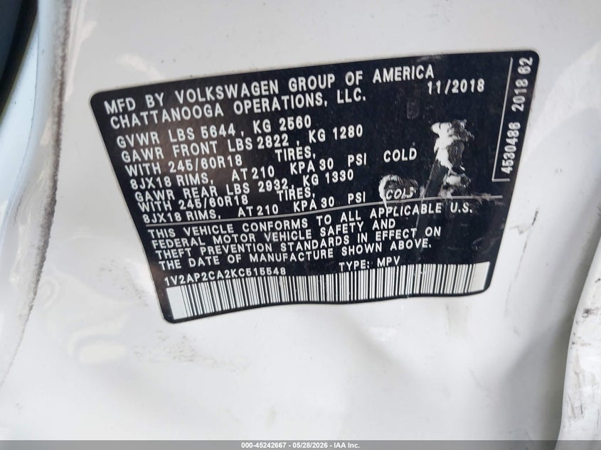 2019 Volkswagen Atlas VIN 1V2AP2CA2KC515548 IAAI salvage auction — SIDE, Salvage Title, sold $3,550 on 2026-07-29 (photo 9)