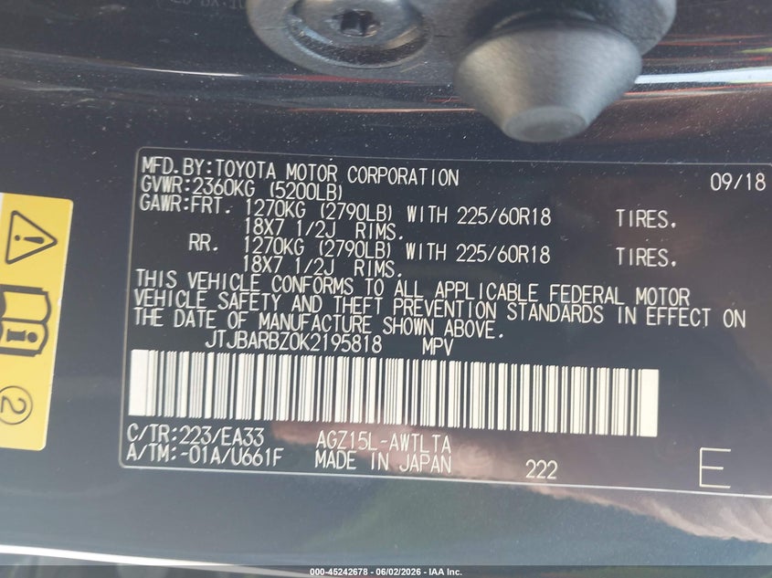 2019 Lexus Nx VIN JTJBARBZ0K2195818 IAAI salvage auction — HAIL, Original (Texas), sold $13,800 on 2026-07-29 (photo 9)
