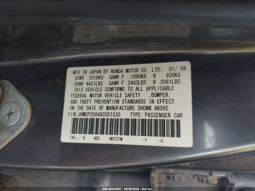 2008 Honda Accord VIN JHMCP26848C051530 IAAI salvage auction — NORMAL WEAR, Clear (Texas), sold $300 on 2026-07-29 (photo 9)