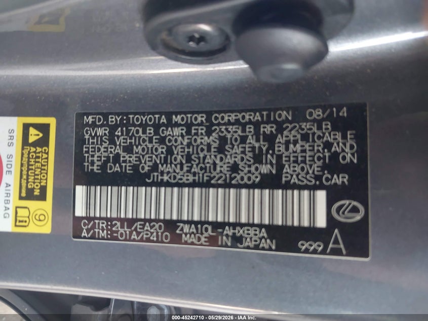 2015 Lexus Ct VIN JTHKD5BH1F2212009 IAAI salvage auction — FRONT END, Salvage Title, sold $2,250 on 2026-07-28 (photo 9)