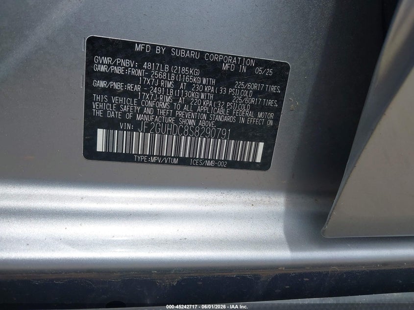 2025 Subaru Xv VIN JF2GUHDC8S8290791 IAAI salvage auction — FRONT END, Salvage Title, sold $1,800 on 2026-07-21 (photo 9)