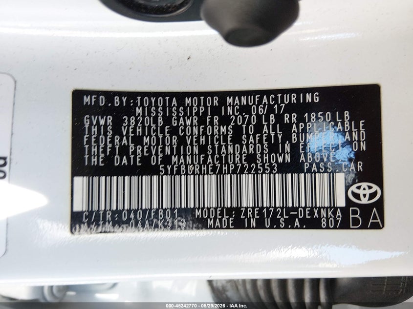 2017 Toyota Corolla VIN 5YFBURHE7HP722553 IAAI salvage auction — UNKNOWN, Salvage Title, sold $3,675 on 2026-07-09 (photo 9)