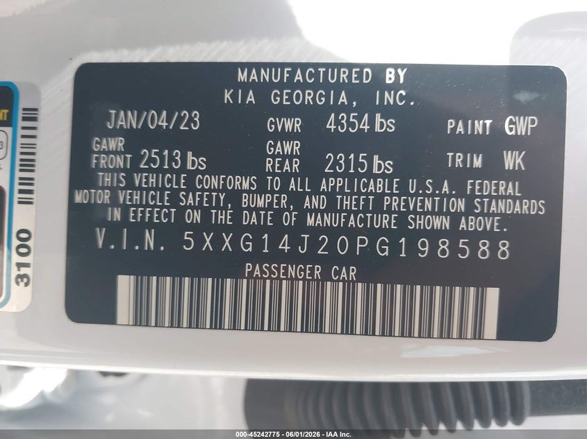 2023 Kia K5 VIN 5XXG14J20PG198588 IAAI salvage auction — HAIL, Salvage Title, sold $7,550 on 2026-07-20 (photo 9)