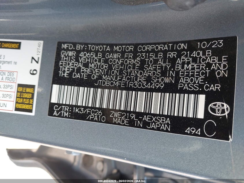 2024 Toyota Corolla VIN JTDBCMFE1R3034499 IAAI salvage auction — FRONT END, Salvage Title, sold $6,400 on 2026-07-16 (photo 9)
