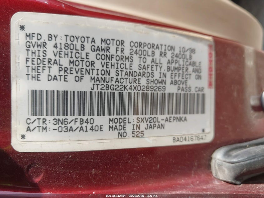 1999 Toyota Camry VIN JT2BG22K4X0289269 IAAI salvage auction — FRONT END, Salvage (Texas), sold $250 on 2026-07-08 (photo 9)