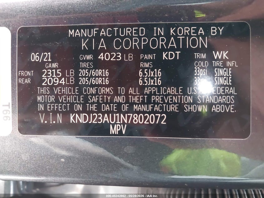 2022 Kia Soul VIN KNDJ23AU1N7802072 IAAI salvage auction — FRONT END, Salvage Title, sold $2,400 on 2026-07-14 (photo 9)