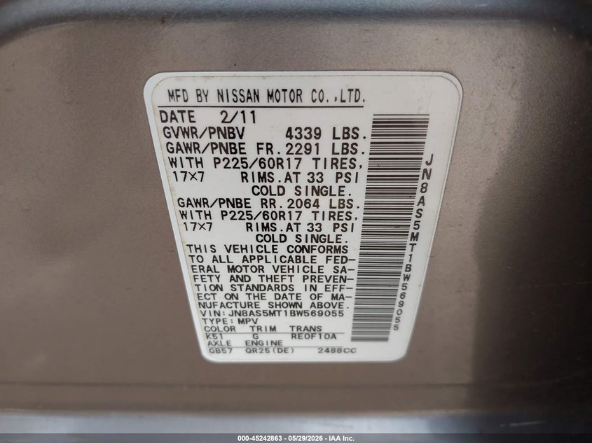 2011 Nissan Rogue VIN JN8AS5MT1BW569055 IAAI salvage auction — NORMAL WEAR, Clear (Hawaii), sold $1,000 on 2026-07-14 (photo 9)