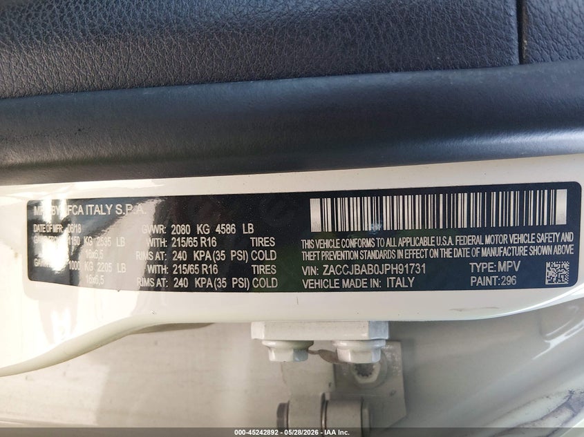 2018 Jeep Renegade VIN ZACCJBAB0JPH91731 IAAI salvage auction — NORMAL WEAR, Clear (Missouri), sold $400 on 2026-07-28 (photo 9)