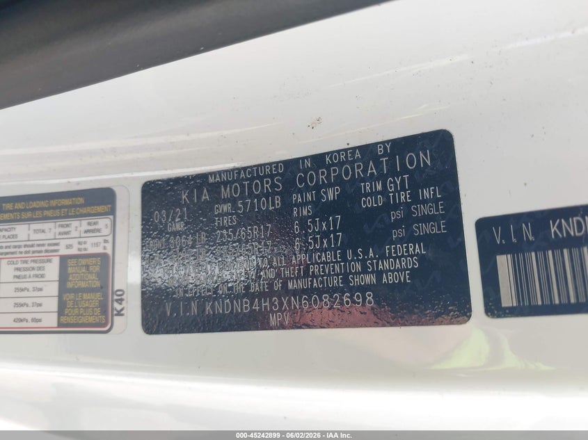2022 Kia Carnival VIN KNDNB4H3XN6082698 IAAI salvage auction — REAR END, Salvage Title, sold $8,325 on 2026-07-07 (photo 9)