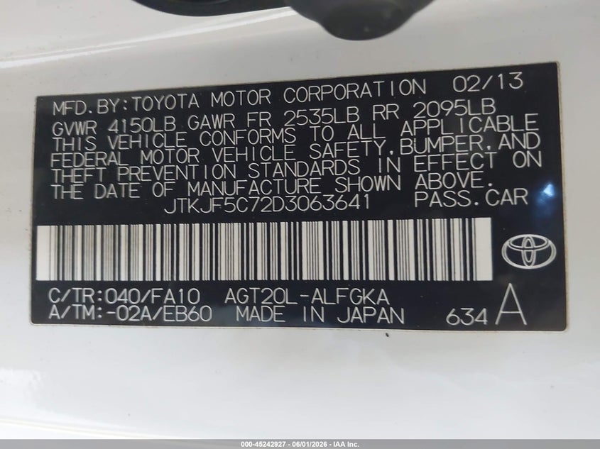 2013 Scion Tc VIN JTKJF5C72D3063641 IAAI salvage auction — RIGHT FRONT, Salvage Title, sold $275 on 2026-07-20 (photo 9)