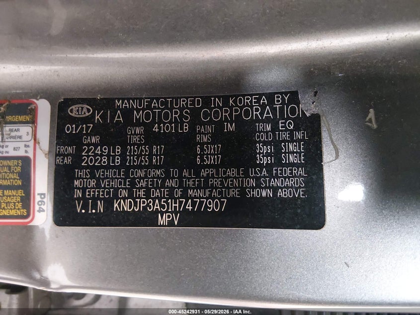 2017 Kia Soul VIN KNDJP3A51H7477907 IAAI salvage auction — LEFT & RIGHT, Salvage Title, sold $475 on 2026-07-15 (photo 9)