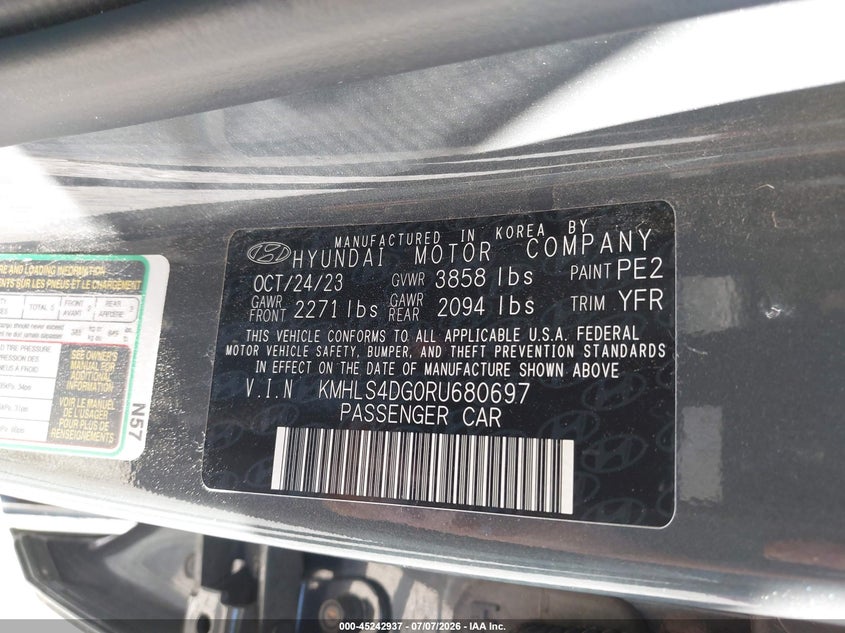2024 Hyundai Elantra VIN KMHLS4DG0RU680697 IAAI salvage auction — NORMAL WEAR, Clear (Missouri), sold $5,300 on 2026-07-20 (photo 9)