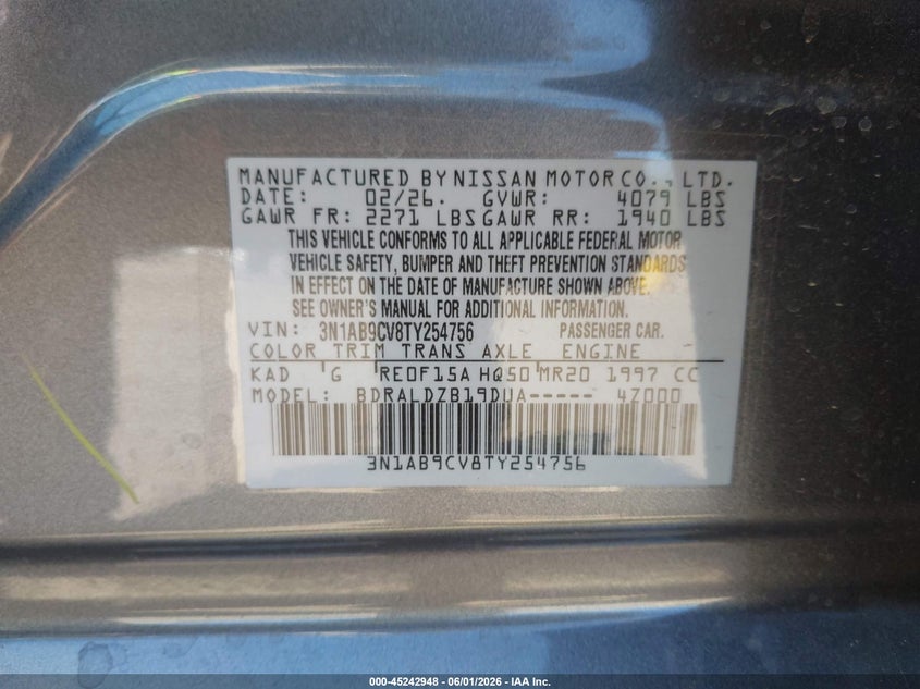 2026 Nissan Sentra VIN 3N1AB9CV8TY254756 IAAI salvage auction — HAIL, Salvage Title, sold $11,300 on 2026-07-29 (photo 9)