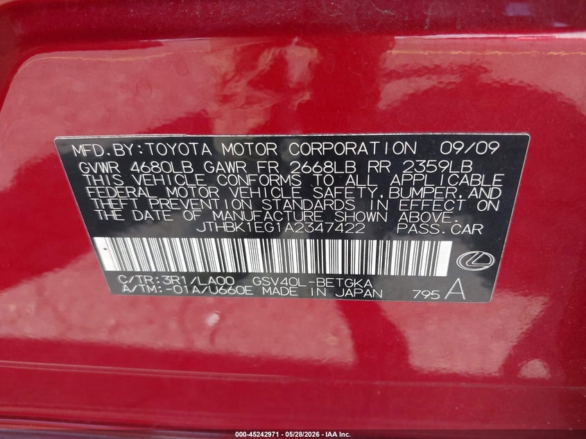 2010 Lexus ES VIN JTHBK1EG1A2347422 IAAI salvage auction — SIDE, Salvage (Oregon), sold $875 on 2026-07-09 (photo 9)