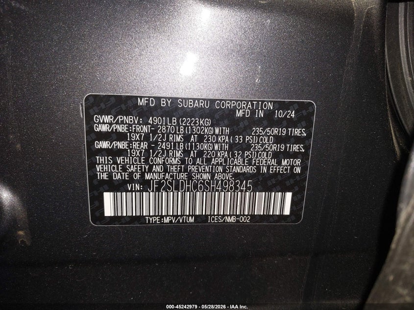 2025 Subaru Forester VIN JF2SLDHC6SH498345 IAAI salvage auction — FRONT & REAR, Salvage Title, sold $5,600 on 2026-07-23 (photo 9)