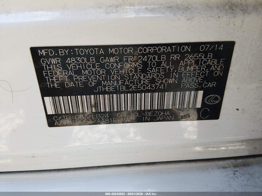 2014 Lexus Gs VIN JTHBE1BL2E5043741 IAAI salvage auction — SIDE, Salvage Title, sold $3,500 on 2026-07-22 (photo 9)