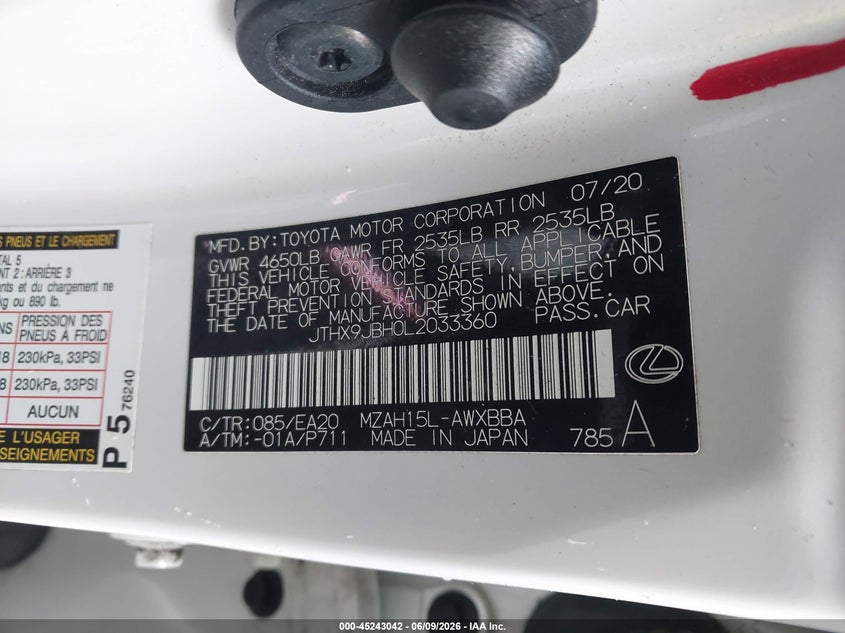 2020 Lexus Ux VIN JTHX9JBH0L2033360 IAAI salvage auction — FRONT END, Bill Of Sale (Washington), sold $6,050 on 2026-07-28 (photo 9)
