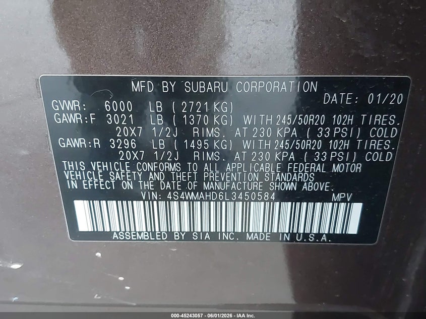 2020 Subaru Ascent VIN 4S4WMAHD6L3450584 IAAI salvage auction — FRONT END, Salvage Title, sold $3,400 on 2026-07-22 (photo 9)