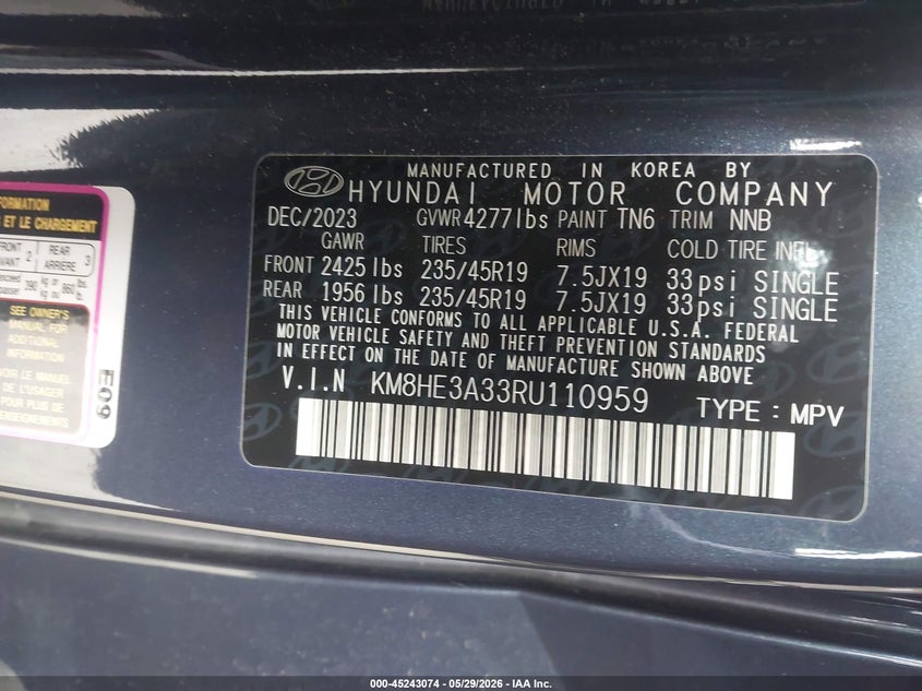 2024 Hyundai Kona VIN KM8HE3A33RU110959 IAAI salvage auction — RIGHT FRONT, Salvage Title, sold $5,800 on 2026-07-23 (photo 9)