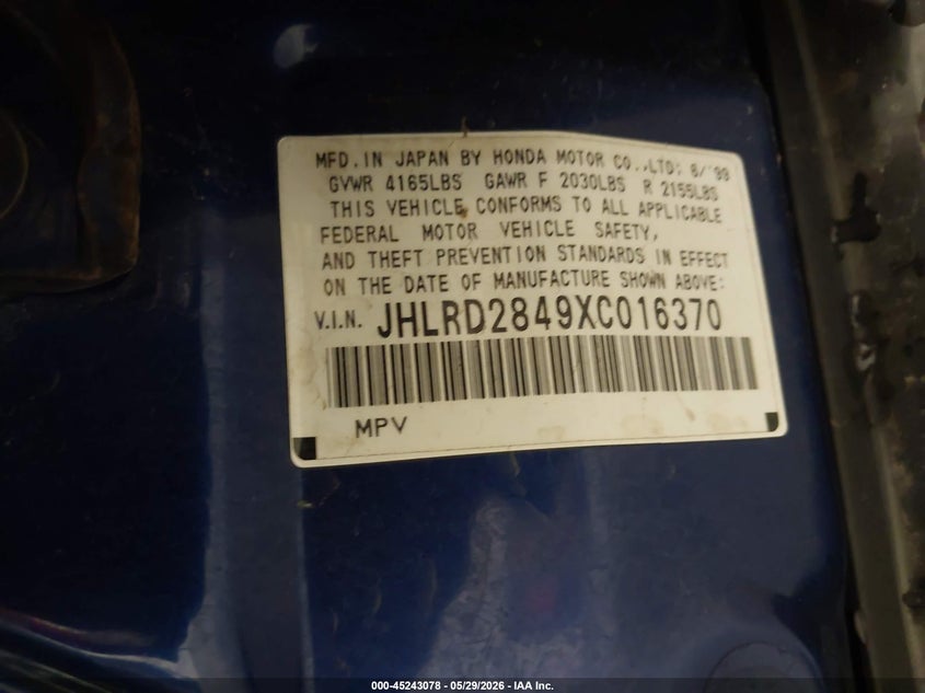1999 Honda Cr-v VIN JHLRD2849XC016370 IAAI salvage auction — RIGHT FRONT, Salvage (Colorado), sold $200 on 2026-07-08 (photo 9)