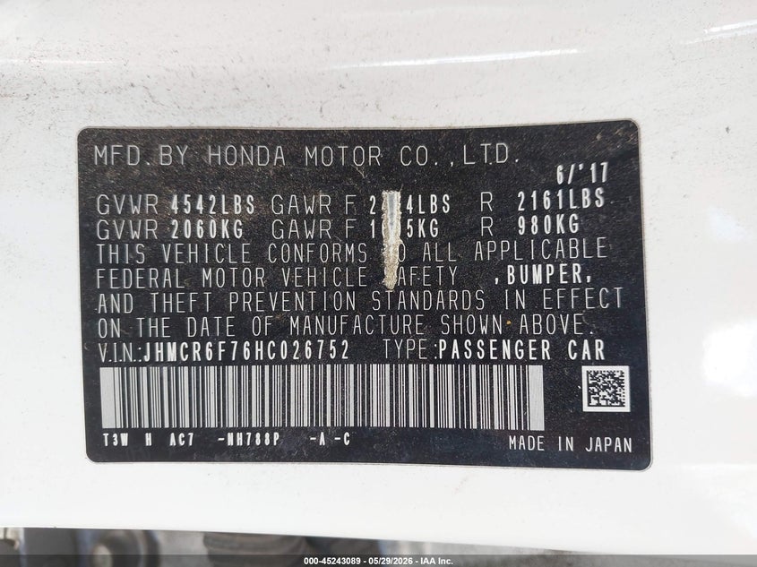 2017 Honda Accord VIN JHMCR6F76HC026752 IAAI salvage auction — FRONT END, Salvage Title, sold $1,325 on 2026-07-08 (photo 9)