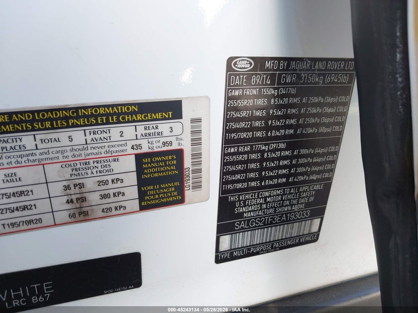 2014 Land rover RANGE ROVER VIN SALGS2TF3EA193033 IAAI salvage auction — ROOF, Salvage Title, sold $4,800 on 2026-07-15 (photo 9)