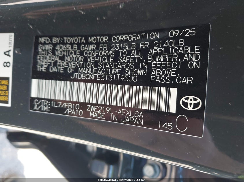 2026 Toyota Corolla VIN JTDBCMFE3T3119500 IAAI salvage auction — FRONT END, Salvage Title, sold $6,100 on 2026-08-02 (photo 9)