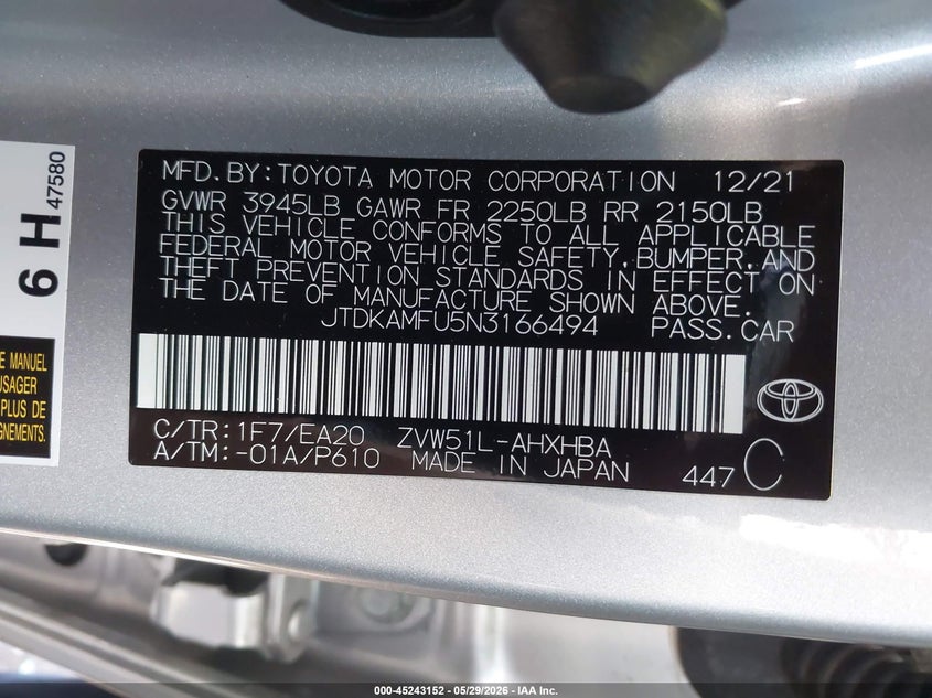 2022 Toyota Prius VIN JTDKAMFU5N3166494 IAAI salvage auction — REAR END, Salvage Title, sold $9,100 on 2026-07-11 (photo 9)