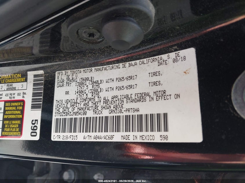 2018 Toyota Tacoma VIN 3TMDZ5BN3JM054100 IAAI salvage auction — FRONT & REAR, Salvage Certificate (California), sold $14,250 on 2026-07-31 (photo 9)