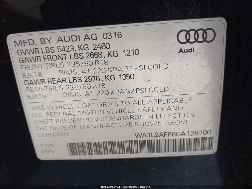 2016 Audi Q5 VIN WA1L2AFP6GA128100 IAAI salvage auction — NORMAL WEAR, Clear - Dealer Only (California), sold $3,525 on 2026-07-13 (photo 9)