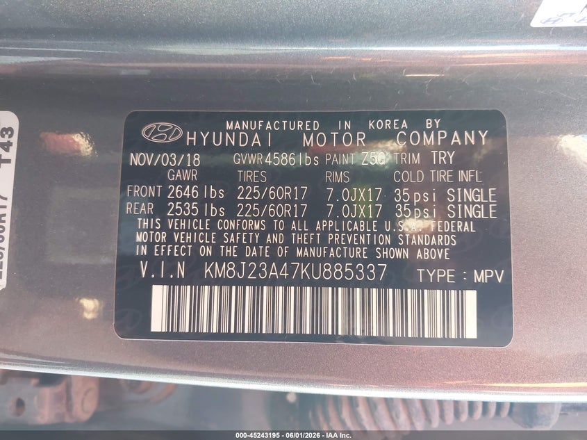 2019 Hyundai Tucson VIN KM8J23A47KU885337 IAAI salvage auction — HAIL, Salvage Title, sold $3,850 on 2026-07-06 (photo 9)