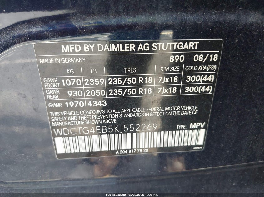 2019 Mercedes-benz Gla-klasse VIN WDCTG4EB5KJ552269 IAAI salvage auction — LEFT SIDE, Salvage Title, sold $3,950 on 2026-07-09 (photo 9)