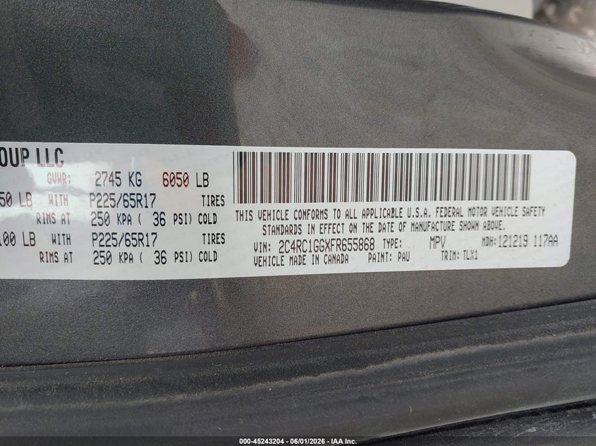2015 Chrysler Town & country VIN 2C4RC1GGXFR655868 IAAI salvage auction — FRONT END, Salvage Title, sold $525 on 2026-07-19 (photo 9)