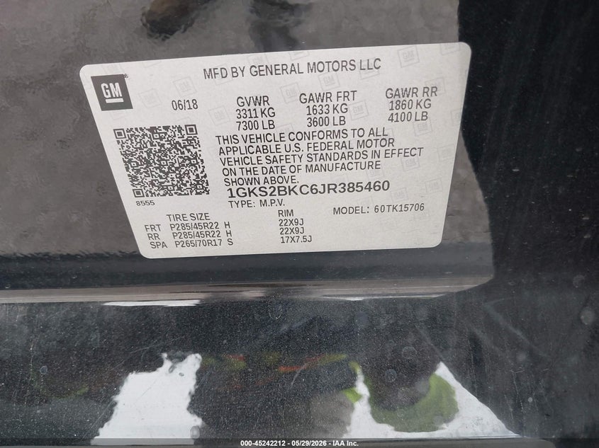 2018 Gmc Yukon VIN 1GKS2BKC6JR385460 IAAI salvage auction — HAIL, Salvage Title, sold $8,100 on 2026-07-20 (photo 9)
