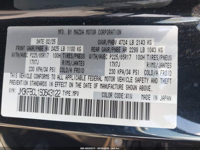 2025 Mazda Cx-5 VIN JM3KFBCL1S0643122 IAAI salvage auction — LEFT FRONT, Salvage Title, sold $1,850 on 2026-07-22 (photo 9)