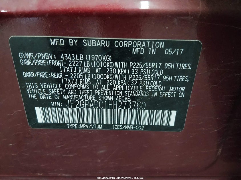2017 Subaru Xv VIN JF2GPADC1HH273760 IAAI salvage auction — FRONT END, Salvage (Minnesota), sold $1,475 on 2026-07-21 (photo 9)