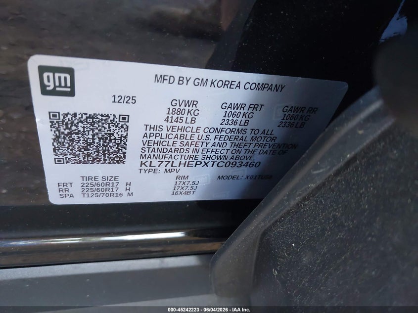 2026 Chevrolet Trax VIN KL77LHEPXTC093460 IAAI salvage auction — FRONT END, Salvage Title, sold $8,125 on 2026-07-14 (photo 9)