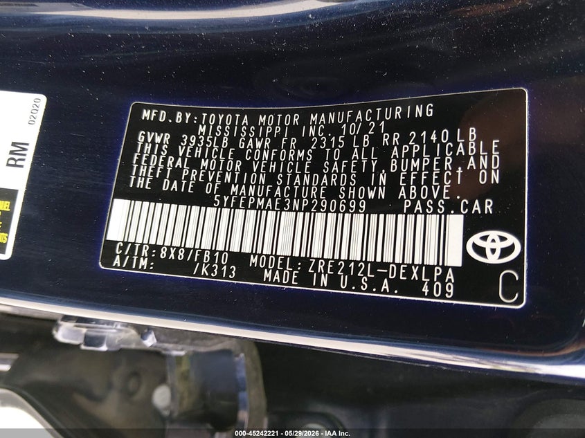 2022 Toyota Corolla VIN 5YFEPMAE3NP290699 IAAI salvage auction — FRONT END, Salvage (Kansas), sold $4,800 on 2026-07-30 (photo 9)