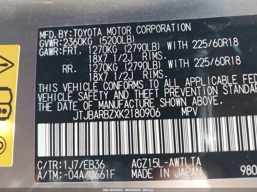 2019 Lexus Nx VIN JTJBARBZXK2180906 IAAI salvage auction — LEFT SIDE, Salvage Title, sold $9,550 on 2026-07-27 (photo 9)