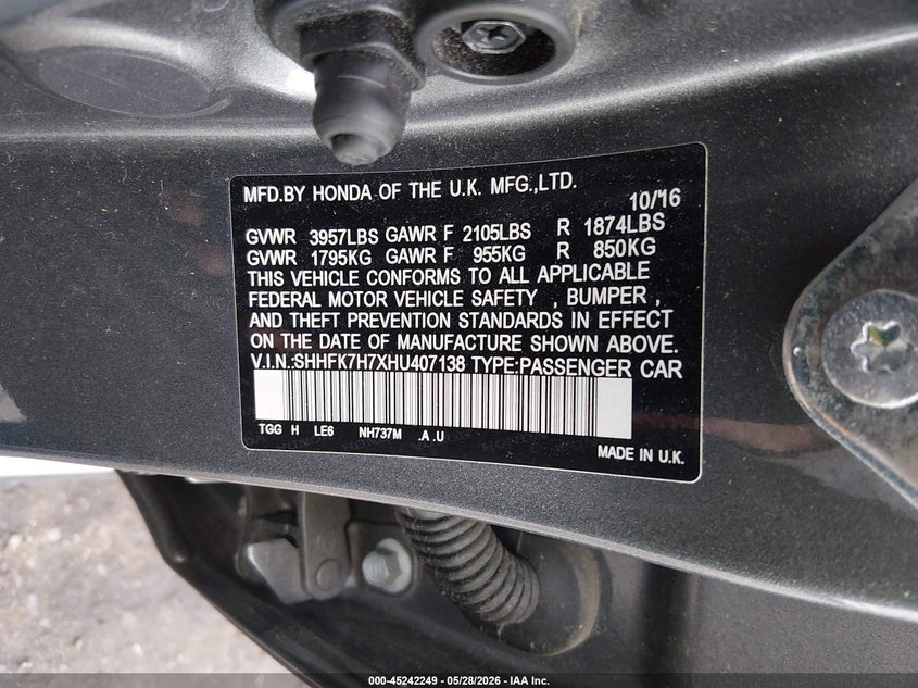 2017 Honda Civic VIN SHHFK7H7XHU407138 IAAI salvage auction — FRONT END, Clear (New Jersey), sold $4,125 on 2026-07-06 (photo 9)