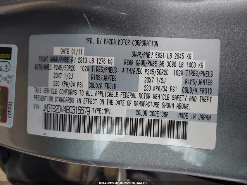 2011 Mazda Cx-9 VIN JM3TB2DV4B0316679 IAAI salvage auction — FRONT END, Salvage (California), sold $1,350 on 2026-07-08 (photo 9)