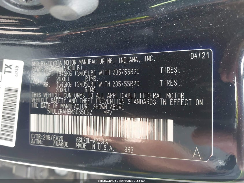 2021 Toyota Highlander VIN 5TDLZRAH6MS065062 IAAI salvage auction — FRONT END, Salvage Title, sold $10,750 on 2026-07-14 (photo 9)