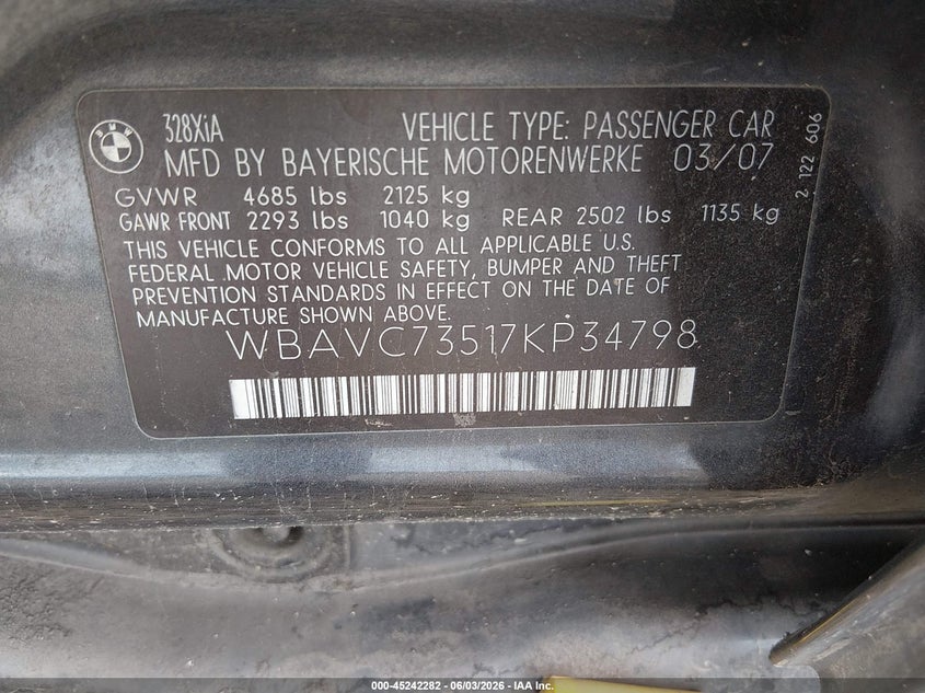 2007 BMW 3 series VIN WBAVC73517KP34798 IAAI salvage auction — ROLLOVER, Salvage (Oregon), sold $300 on 2026-07-20 (photo 9)